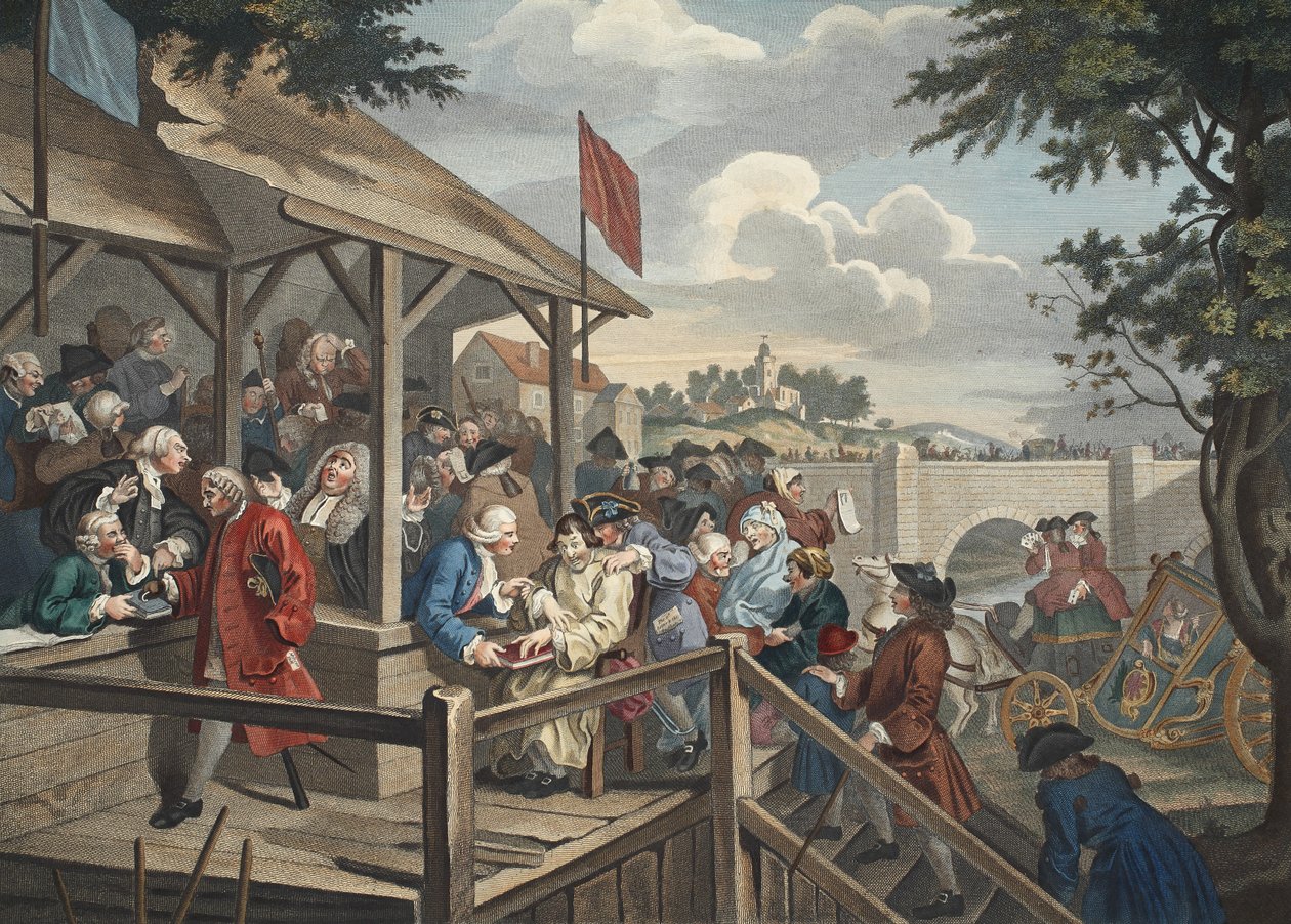 Röstningen, illustrationen från "återställd Hogarth: Hela verken av den berömde William Hogarth, inristad på nytt av Thomas Cook", pub. 1812 (handfärgad gravyr) av William Hogarth