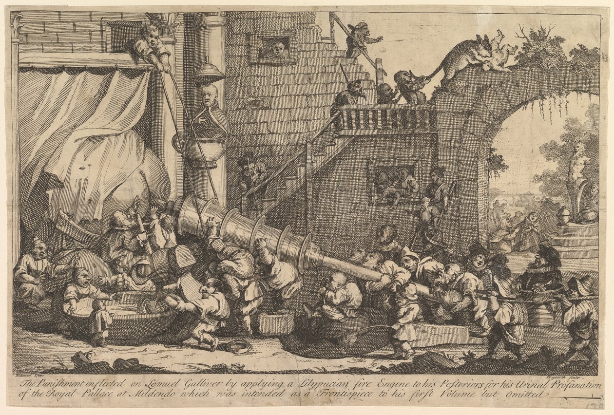 Straffet som tillfogades Lemuel Gulliver, december 1726. av William Hogarth