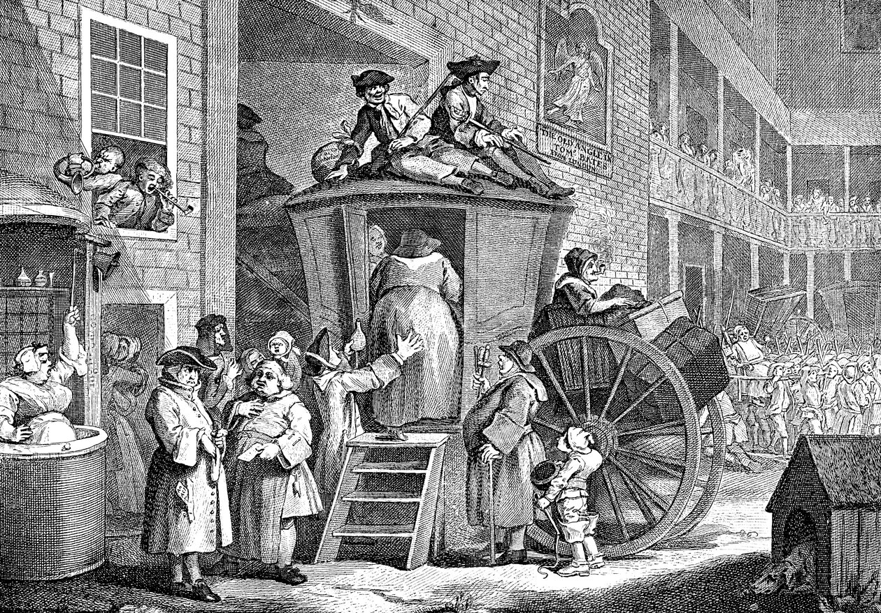 The Stage Coach eller Country Inn Yard, 1747 av William Hogarth