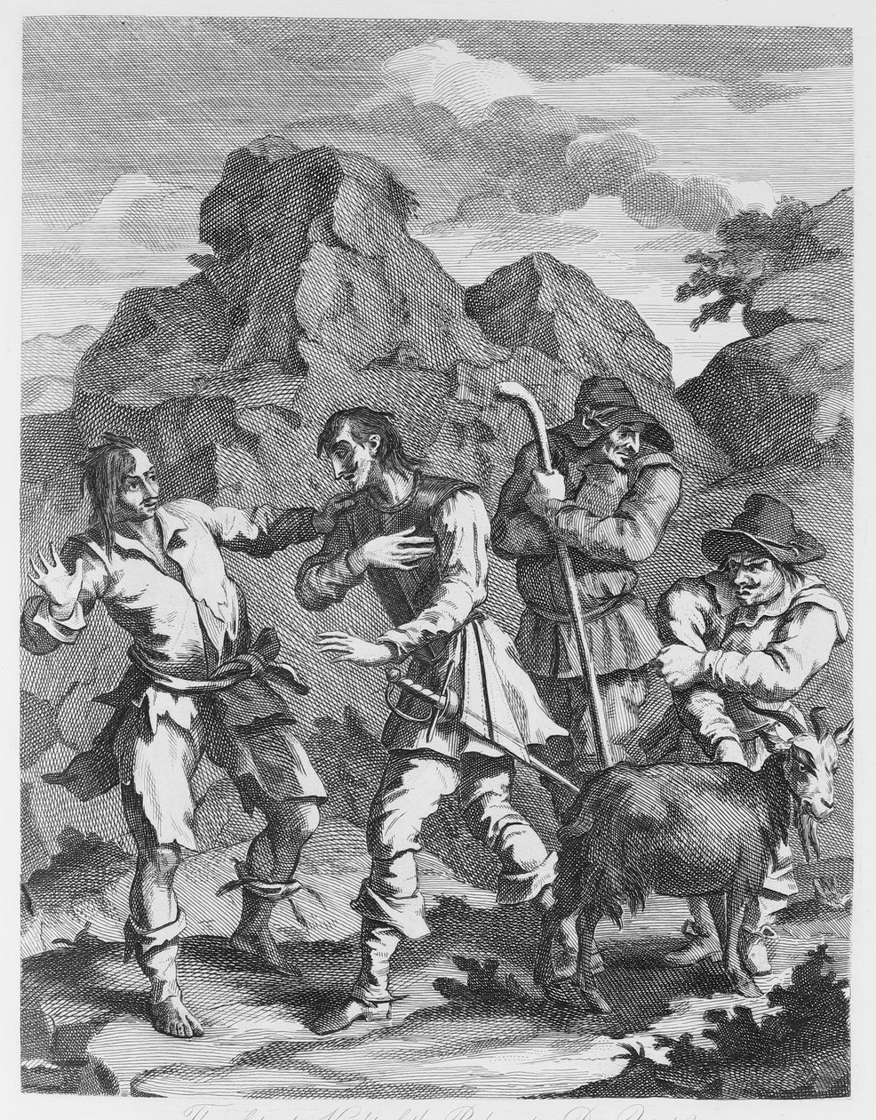 The Unfortunate Knight of the rock möter Don Quijote av William Hogarth