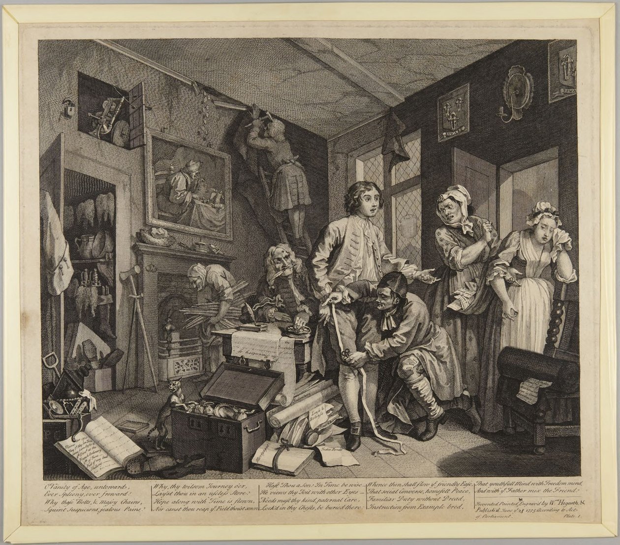 Den unge arvingen tar egendomen i besittning, plansch 1 ur En slösaktig mans karriär av William Hogarth