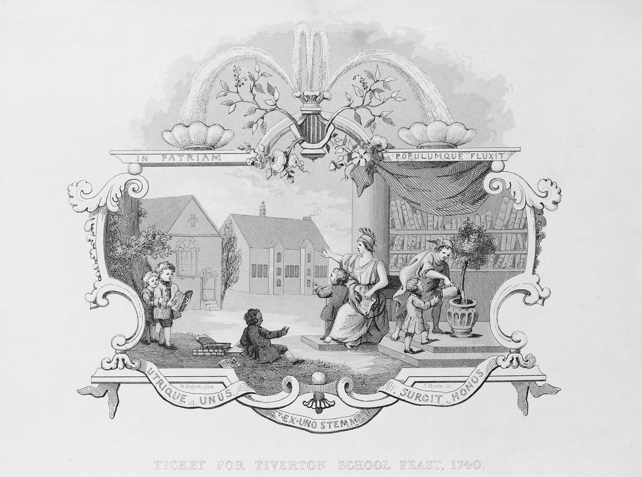 Biljett till Tiverton School Feast, 1740, graverad av J. Moore av William Hogarth