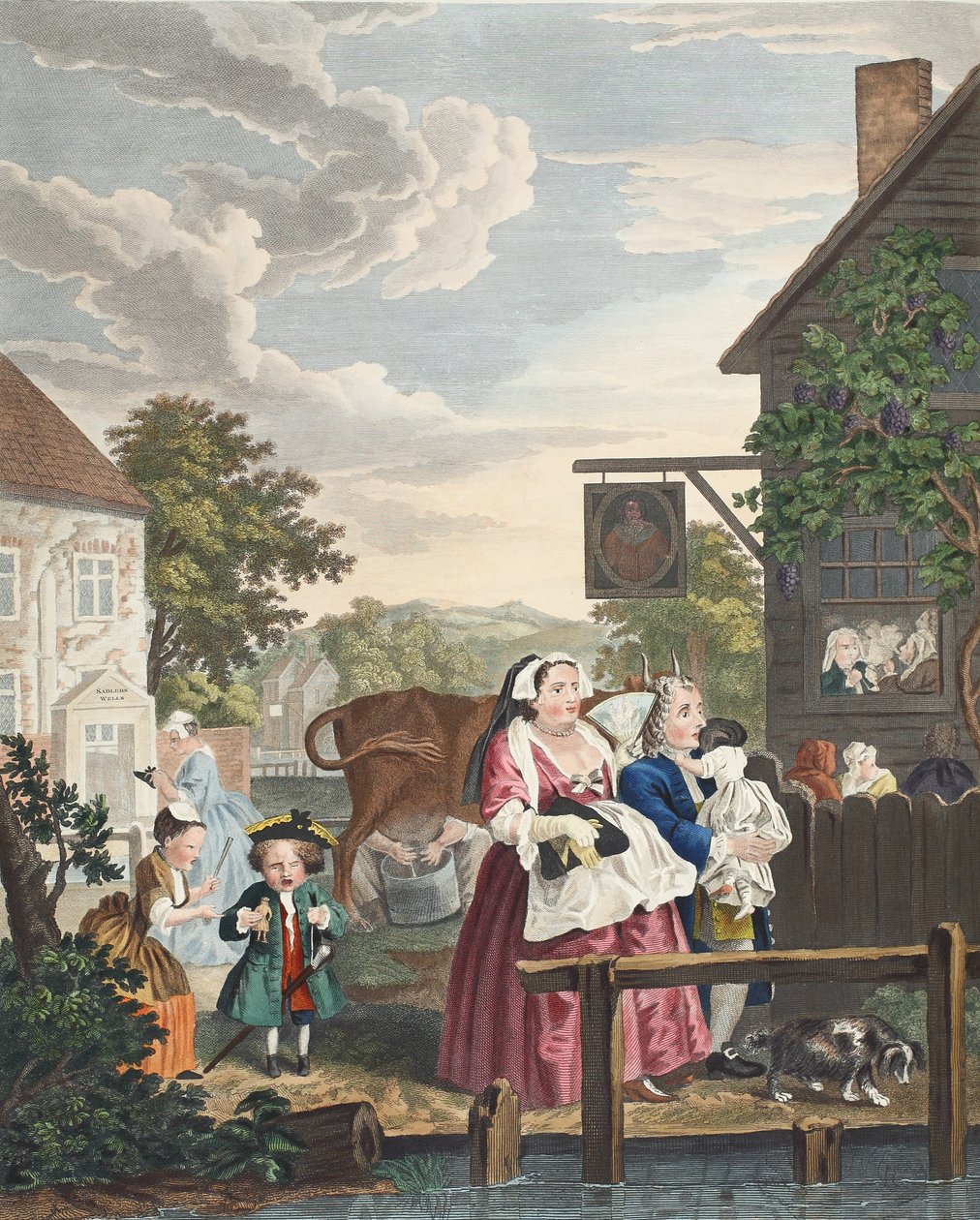 Tider på dygnet, kväll, illustration från "Hogarth Restored: The Whole Works of the hyllade William Hogarth, omgraverad av Thomas Cook", pub. 1812 (handfärgad gravyr) av William Hogarth