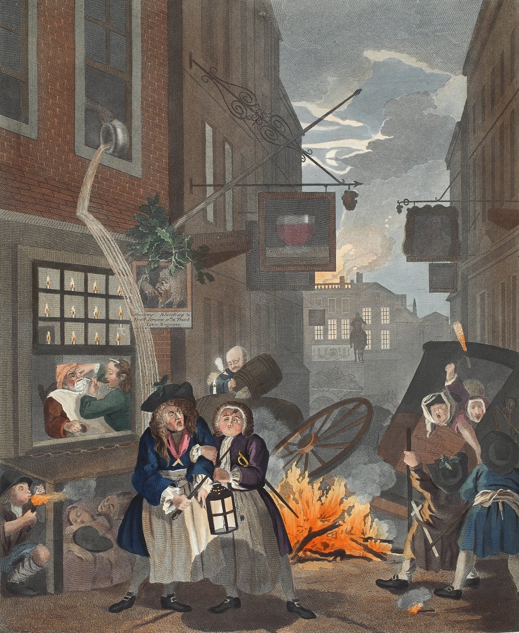 Tider på dygnet, natt, illustration från "Hogarth Restored: The Whole Works of the celebred William Hogarth, re-graved by Thomas Cook", pub. 1812 (handfärgad gravyr) av William Hogarth