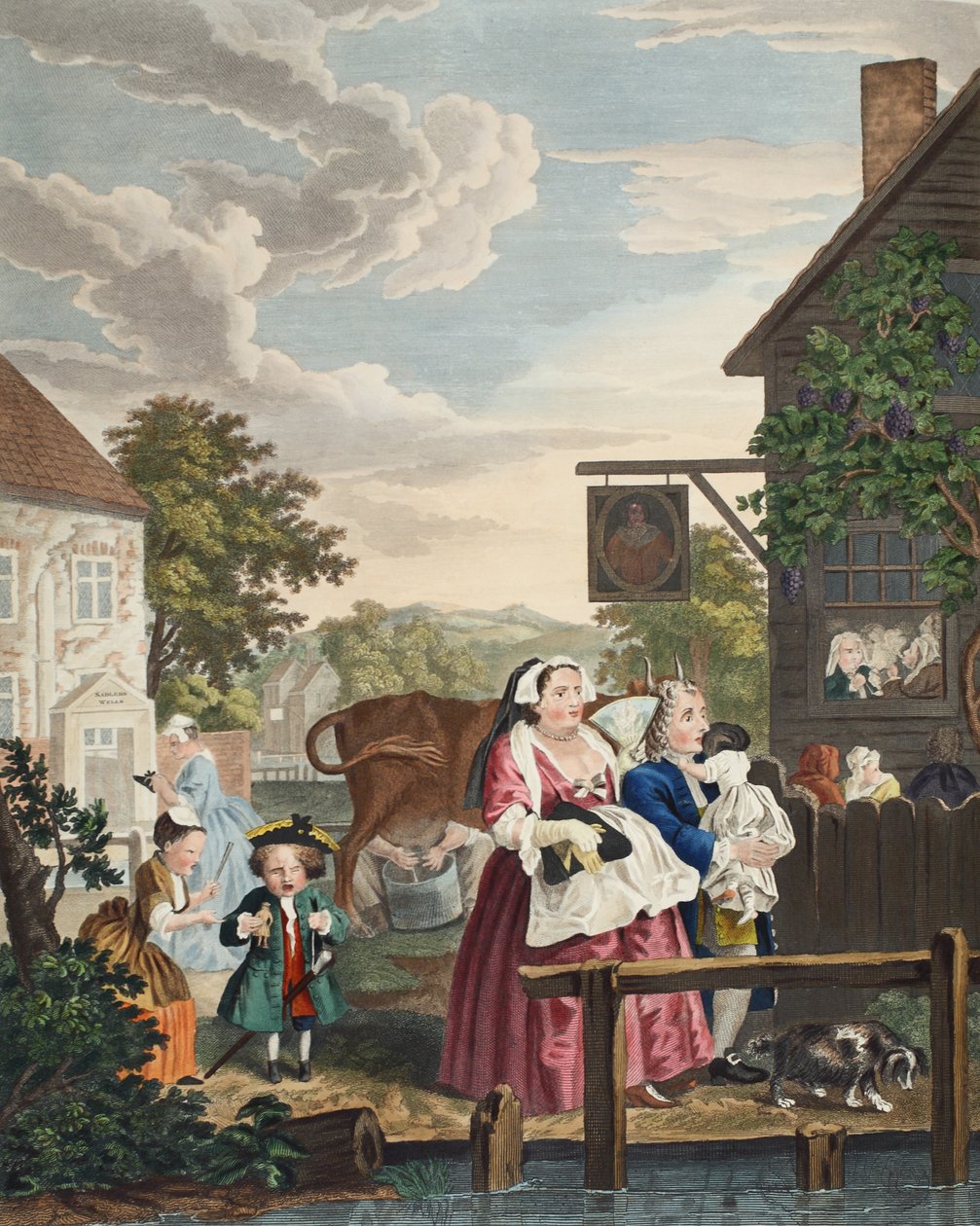 Tider på dagen: Kväll, illustration från "Hogarth Restored: The Whole Works of the hyllade William Hogarth, omgraverad av Thomas Cook", pub. 1812 (handfärgad gravyr) av William Hogarth