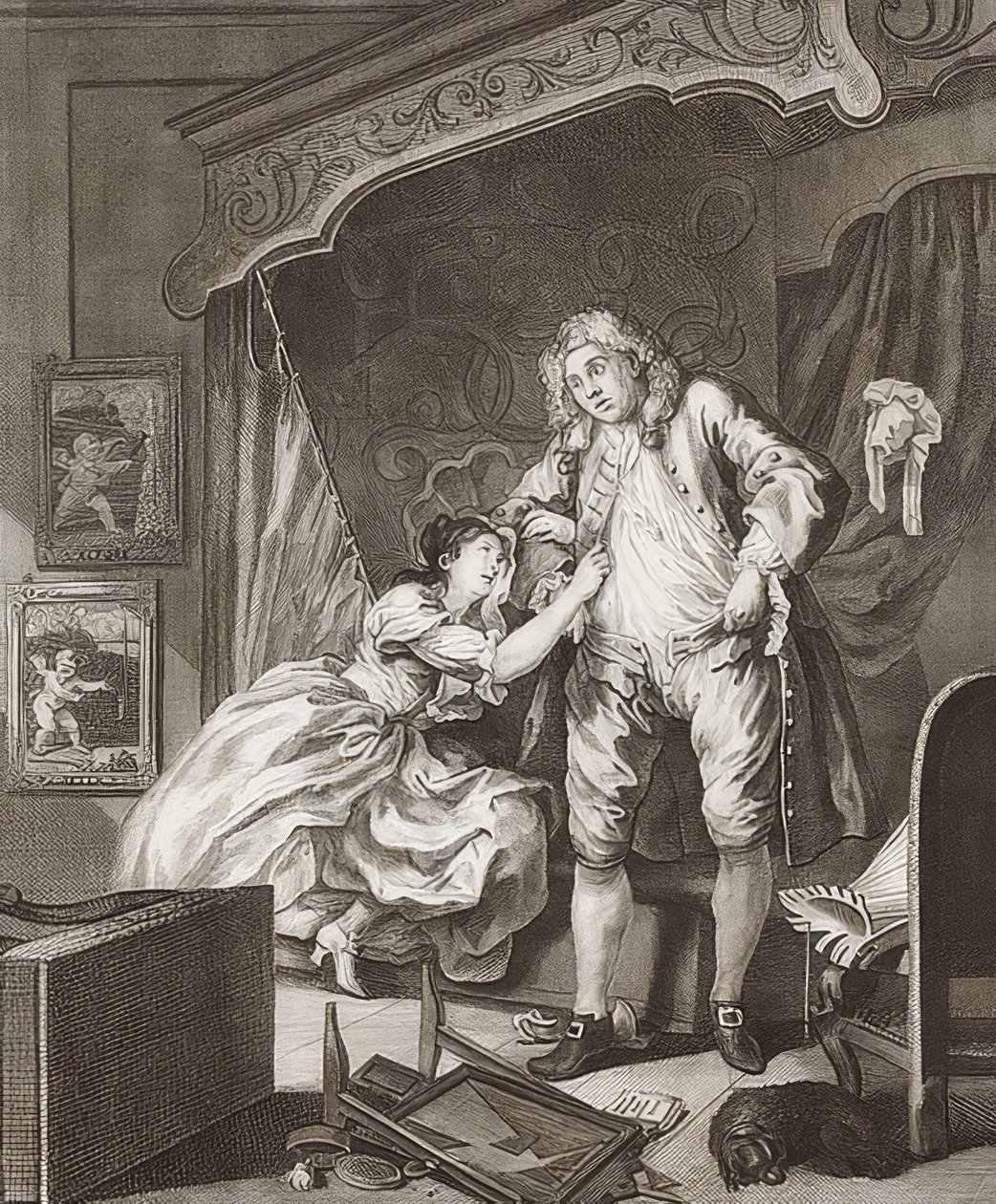 Tvådelat avsnitt: Före och efter. Blad 2: Efter / Efter. 1736 av William Hogarth
