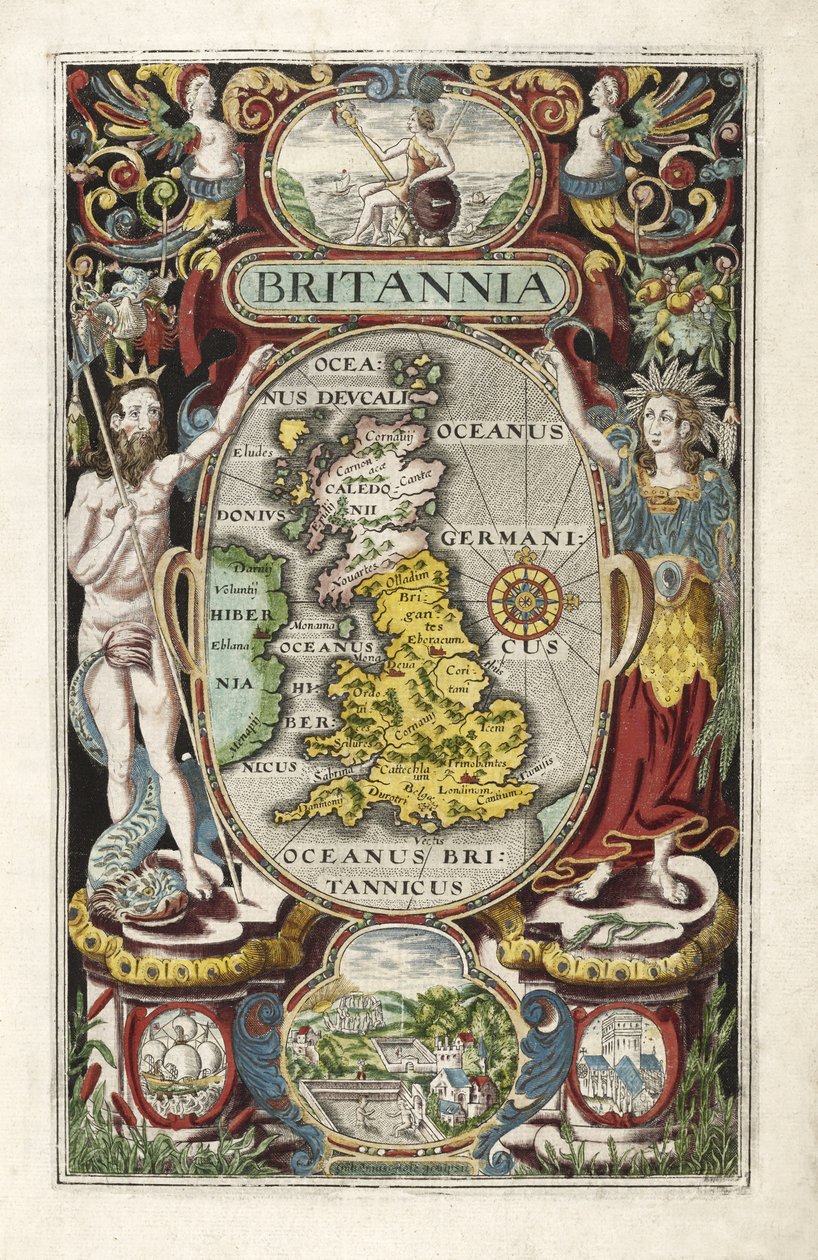 Frontispice från Britannia, av William Camden, pub. 1607 av William Hole