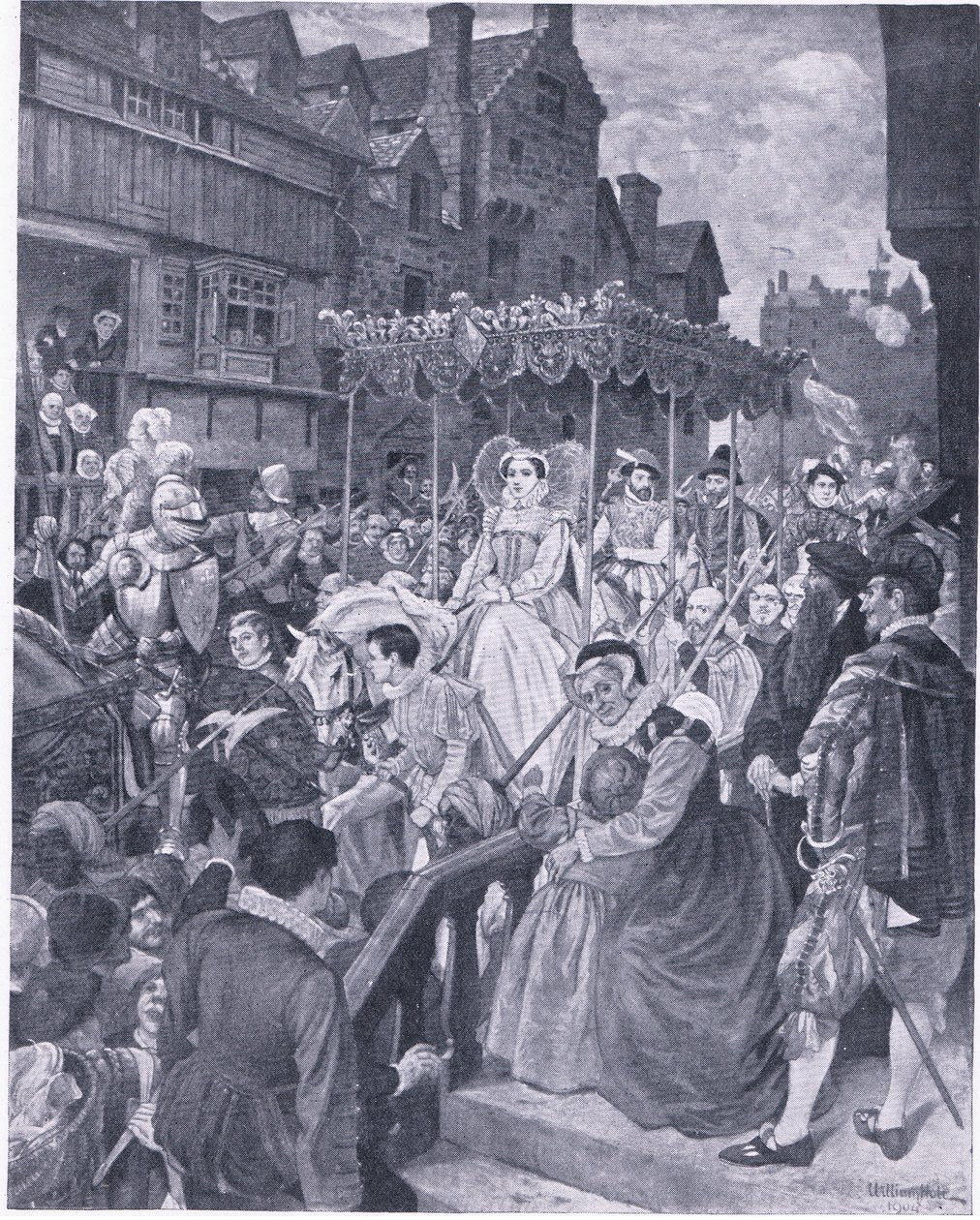 Drottning Marys delstatsinträde i Edinburgh 1561, från Cassells History of the British People publicerad av Waverley Book Company, ca 1950-talet (litho) av William Hole