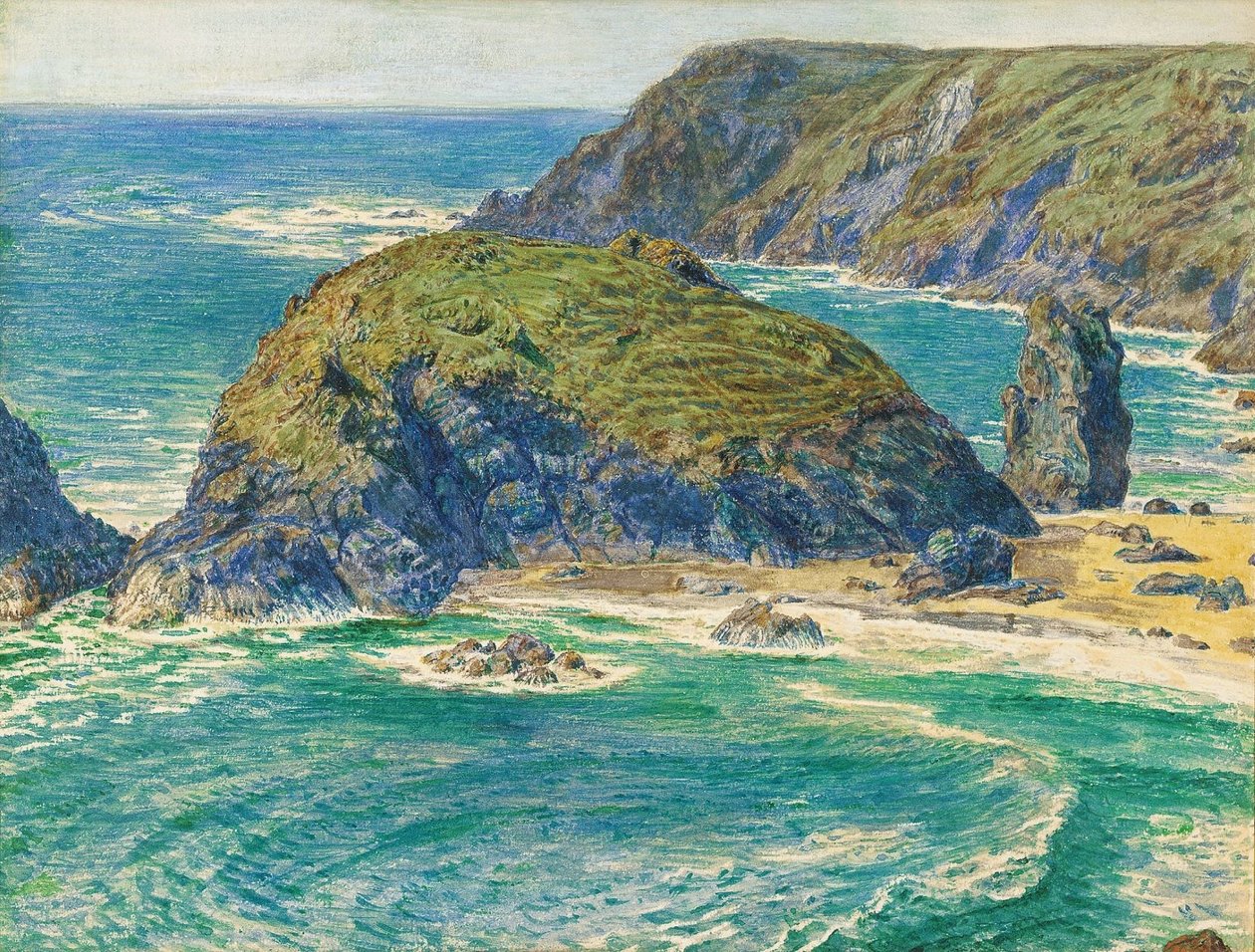 Asparagus Island, Kynance, Cornwall (penna och akvarell förhöjda med vitt & med utskrapa) av William Holman Hunt