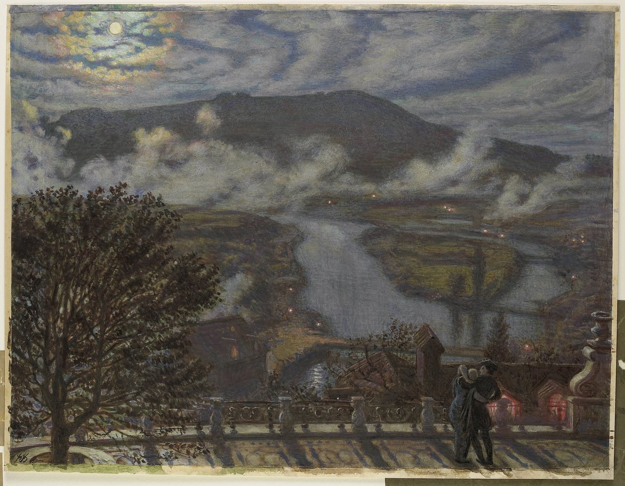 Utsikt från terrassen av flodlandskapet på natten The Terrace, Bern (titel på objekt) av William Holman Hunt