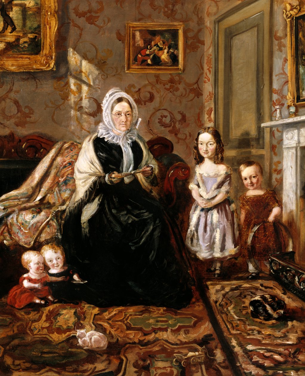 Gruppporträtt av Henry Clarks svärmor, mrs Davies, och fyra av hans barn i salongen i hans hem, 186 High Street, Homerton, omkring 1846. av William Holman Hunt