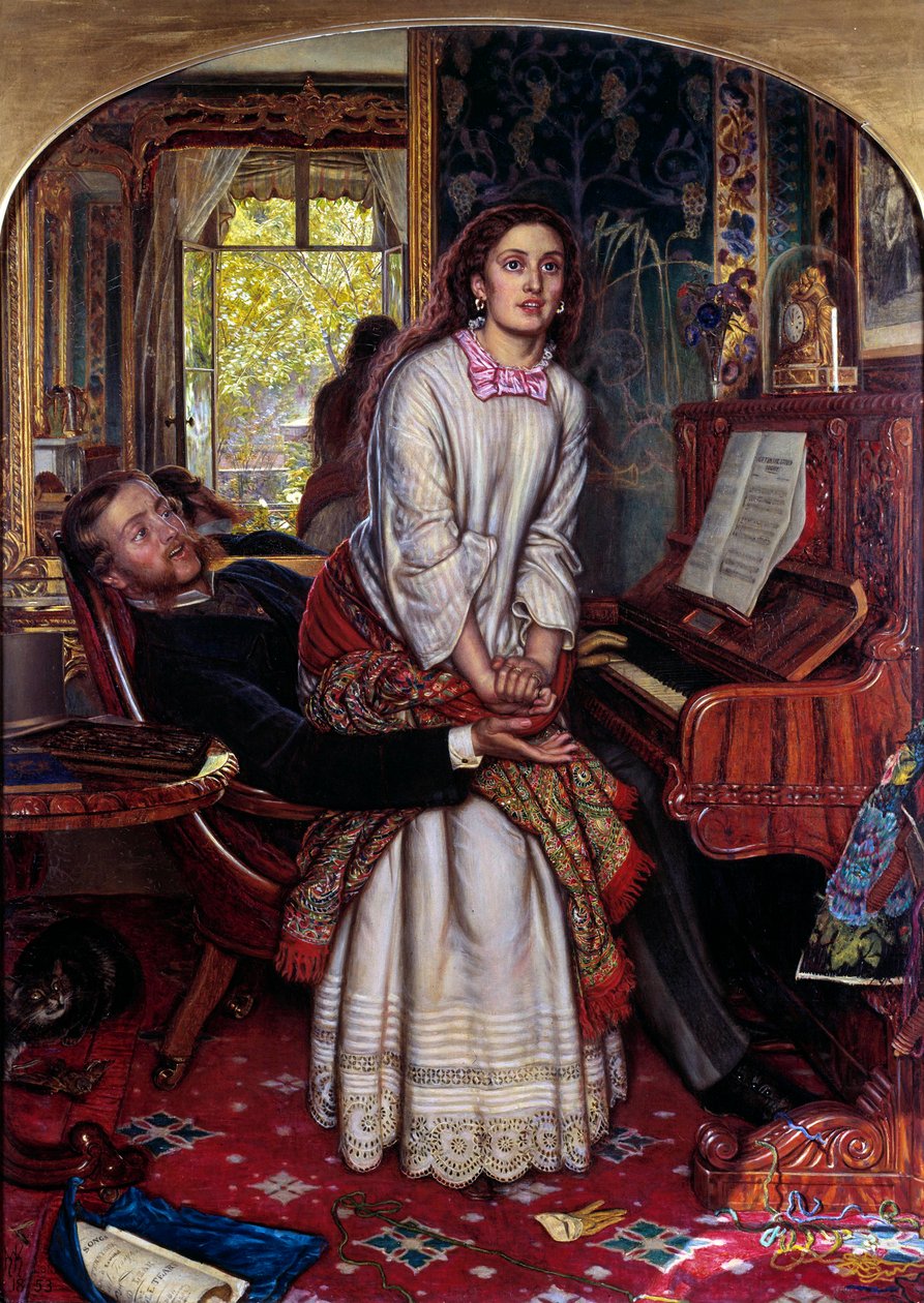 The Awakening Consciousness En ung kvinna i synd hoppar plötsligt plötsligt plågad av andlig uppenbarelse och försöker fly sin älskares armar. Målning av William Holman Hunt (1827-1910) av William Holman Hunt