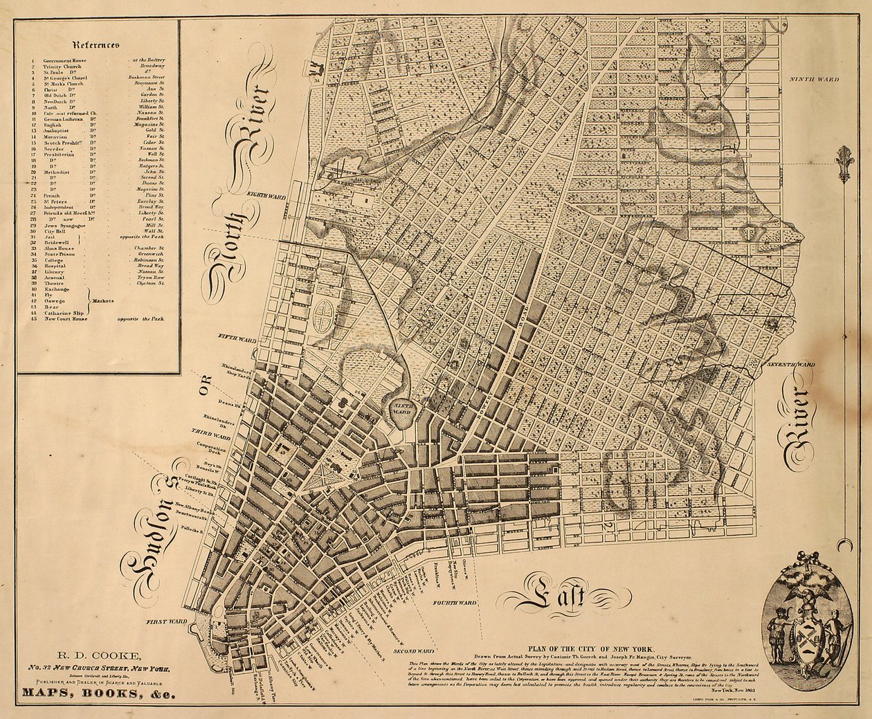 Plan över staden New York [så långt norrut som East 31st Street], 1817 (svart bläck på papper, med tyg på baksidan) av William Hooker