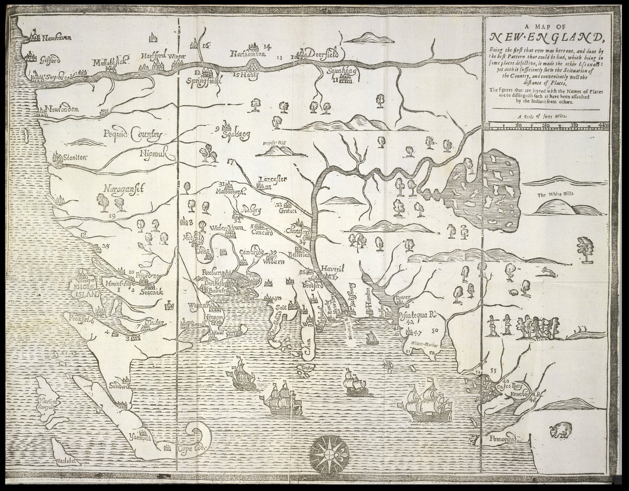 En karta över New-England, från "A Narrative of the Troubles with the Indians", William Hubbard och John Foster av William Hubbard