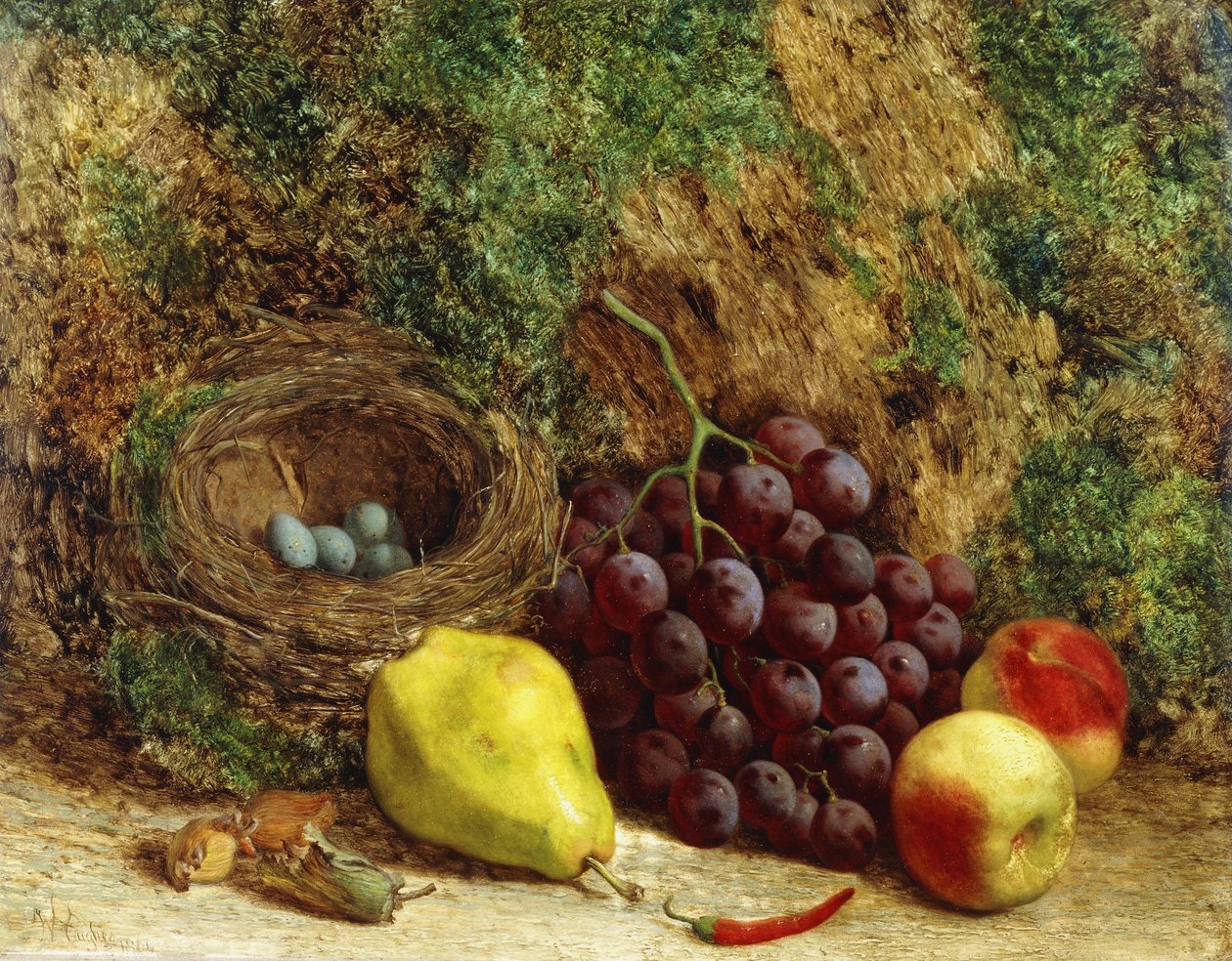 Vindruvor, ett päron, persikor och ett fågelbo vid en mossig bank, 1864 av William Hughes