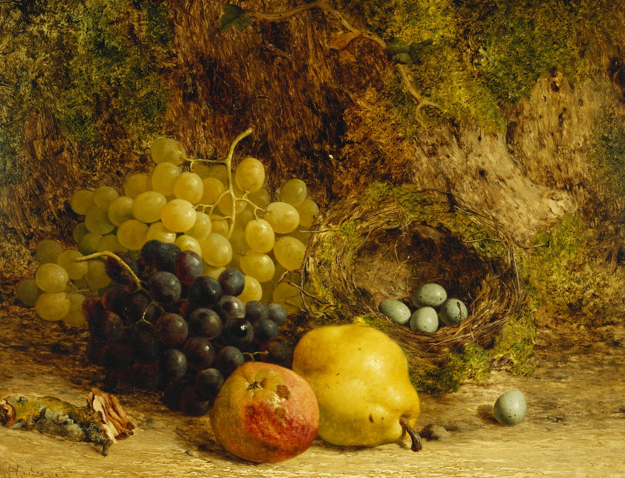Vindruvor, ett äpple, ett päron och ett fågelbo på en mossig bank, 1865 av William Hughes