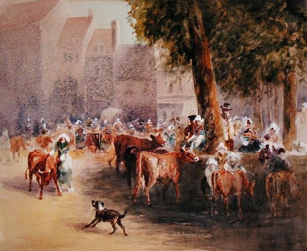 Tidig morgon i byns boskapsmarknad (akvarell på papper) av William Hunt