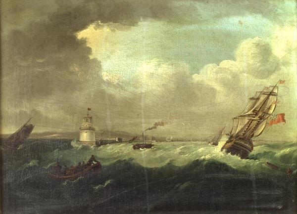 Fartygsutövning från Pigeon House i Dublins hamn med vicekungens yacht "The Dorset" (olja på tavla) av William II Sadler