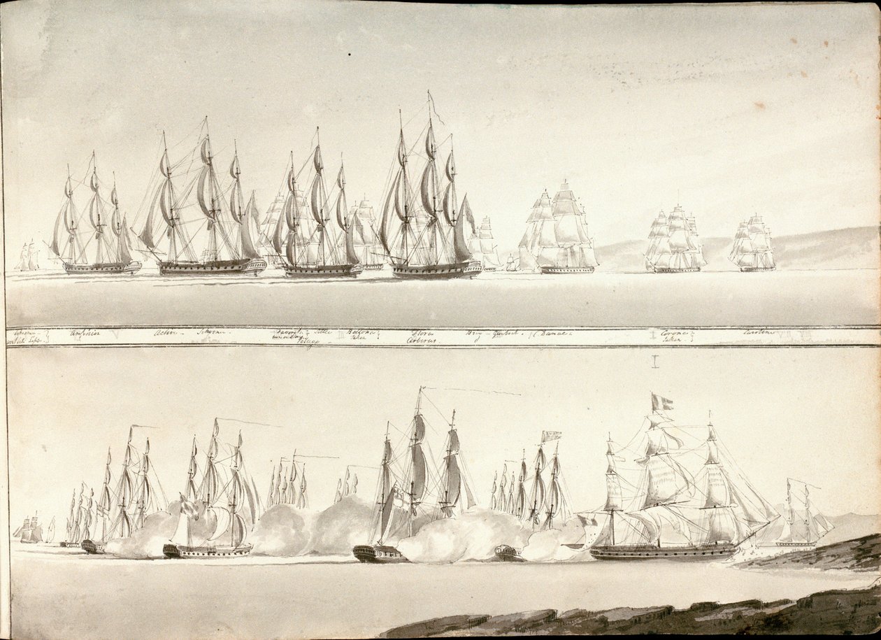 Olika sätt att måla en linje av slagskepp, tidigt 1800-tal (penna, grå lavering) av William Innes Pocock