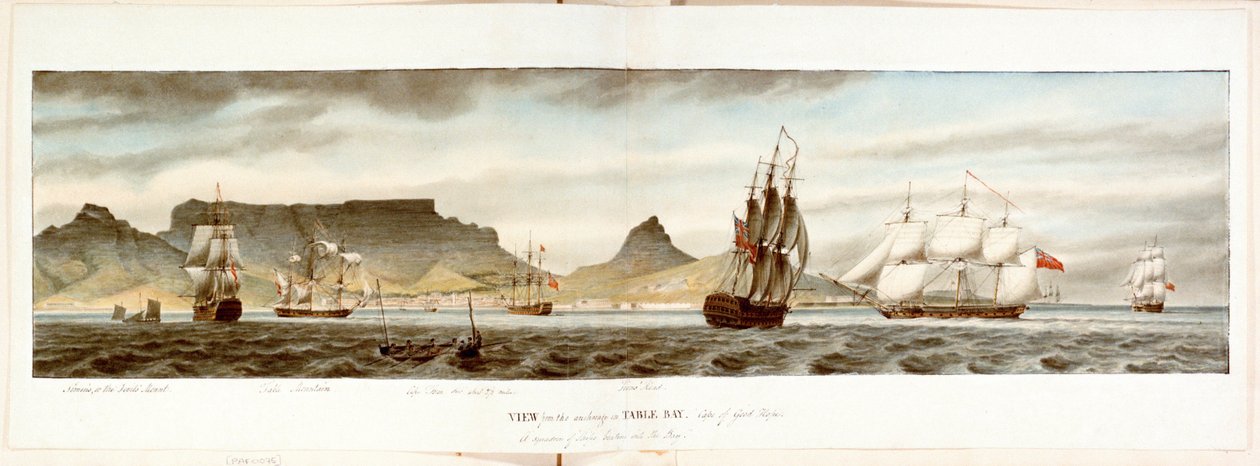 Eskader av fartyg från ankarplatsen i Table Bay, Godahoppsudden, slutet av 1700-talet till början av 1800-talet (akvarell) av William Innes Pocock