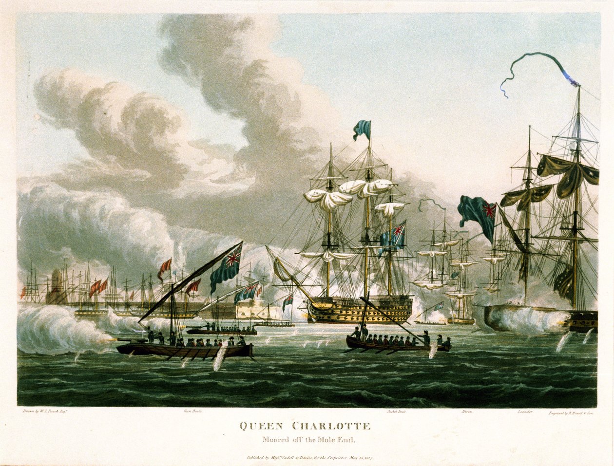 "Queen Charlotte" förtöjd utanför Mole under bombningen av Alger (Algeriet) den 27 augusti 1816. Etsning i färg, 15 maj av William Innes Pocock