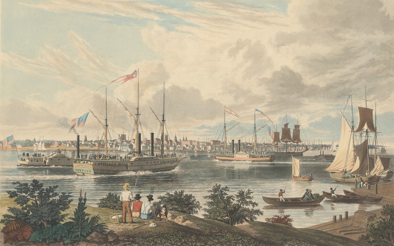 Staden Detroit, Michigan: Tagen från Kanadas kust nära färjan, publicerad 1837. av William James Bennett