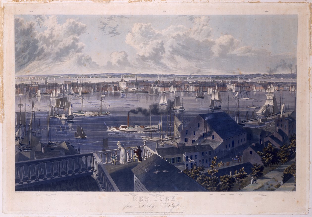 New York från Brooklyn Heights, 1837 (handfärgad etsning och akvatint) av William James Bennett