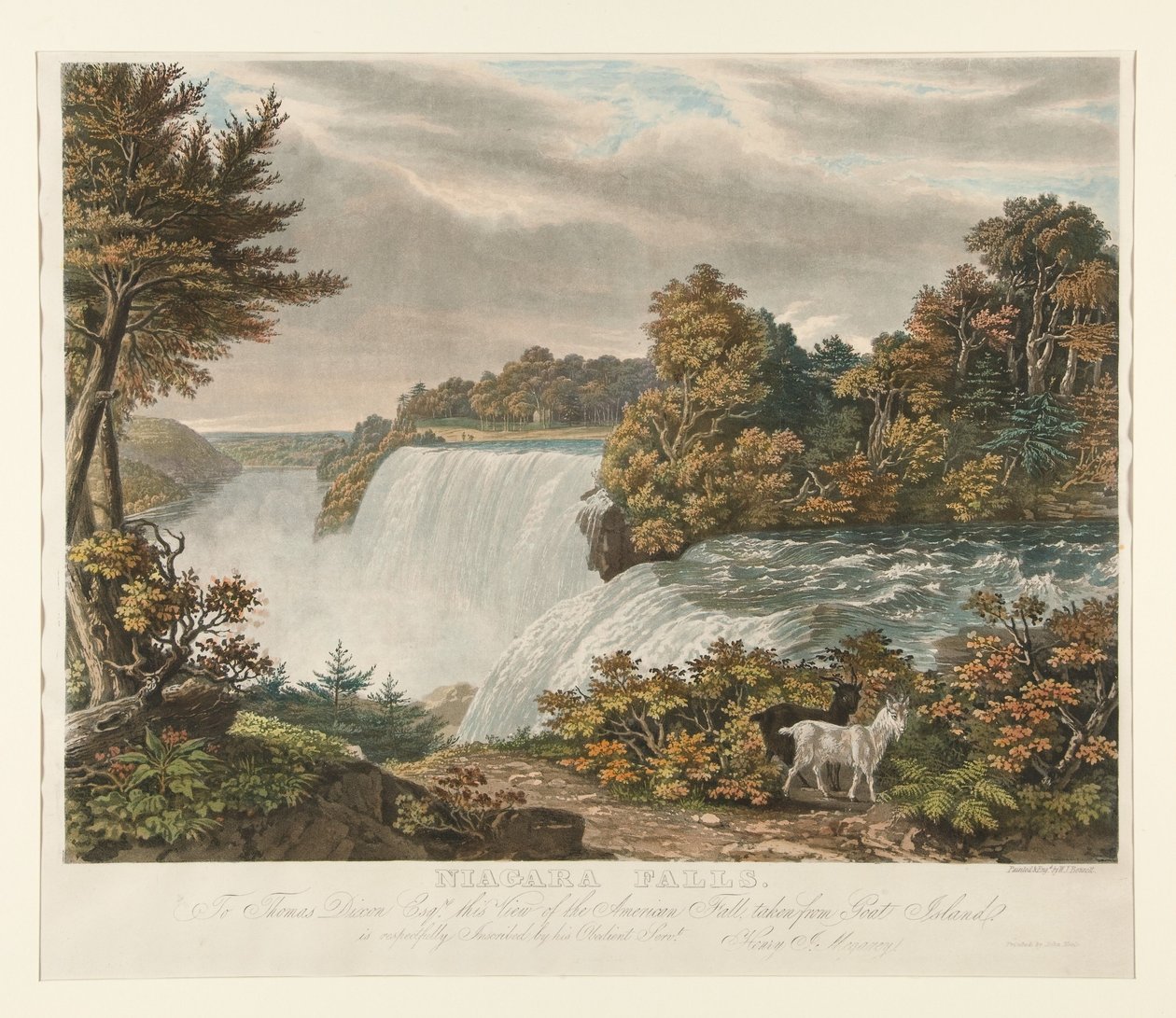 Niagarafallen. Till Thomas Dixon Esq. är denna vy över American Fall, sedd från Goat Island, vördnadsfullt tillägnad av William James Bennett