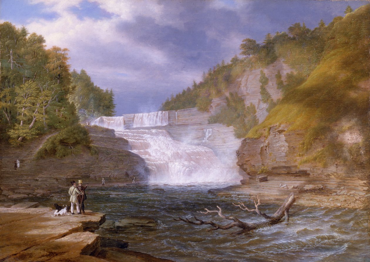 Trenton High Falls, 1835 (olja på träpanel) av William James Bennett