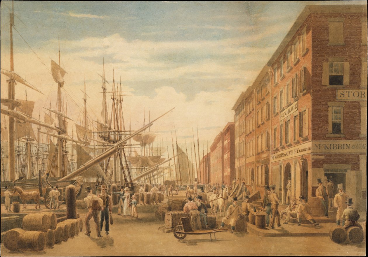Vy över South Street från Maiden Lane, New York av William James Bennett
