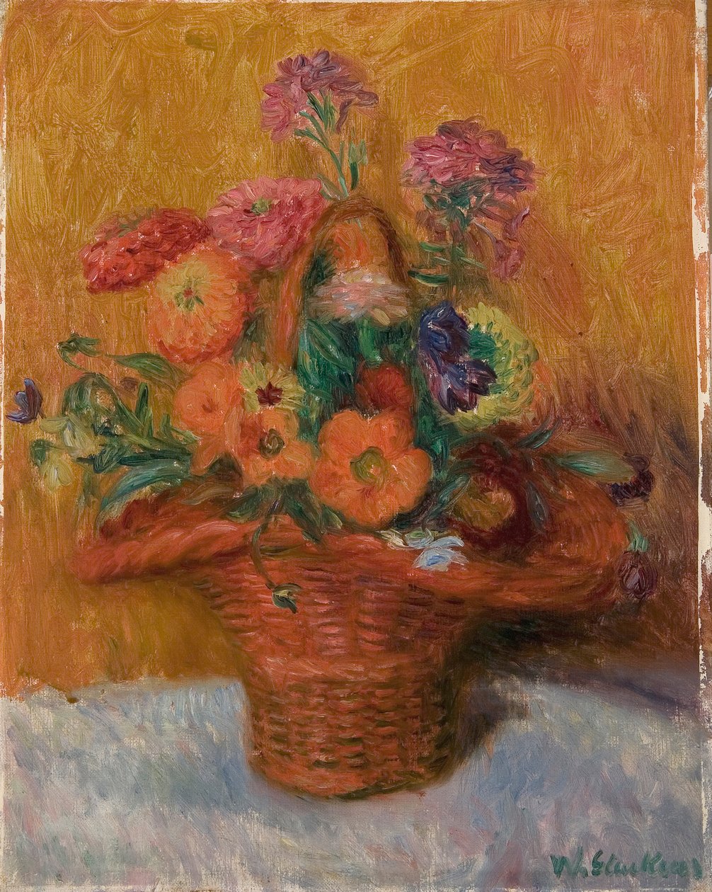 Röd korg av Zinnias av William James Glackens