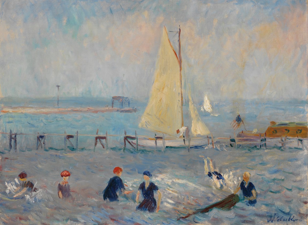 Havslandskap med sex badande, Bellport av William James Glackens