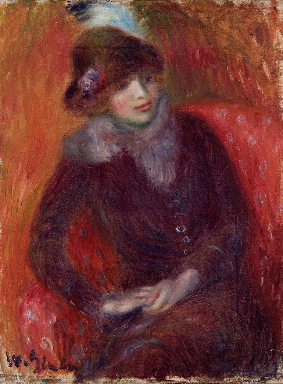 Sittande kvinna med pälshals och röd bakgrund av William James Glackens