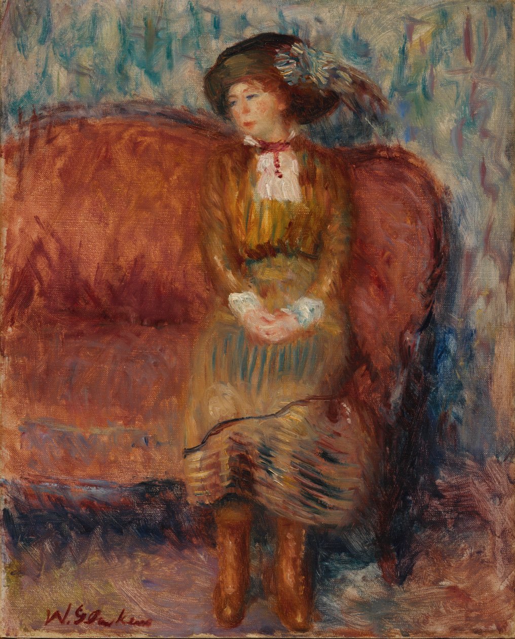 Kvinna som sitter på röd soffa av William James Glackens