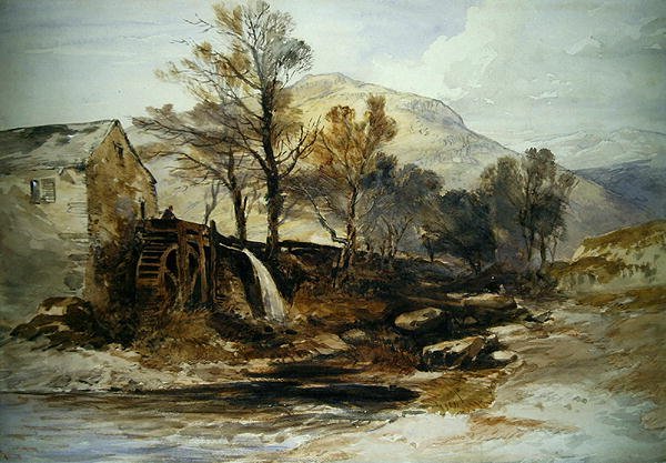 En vattenkvarn i norra Wales (akvarell på papper) av William James Muller