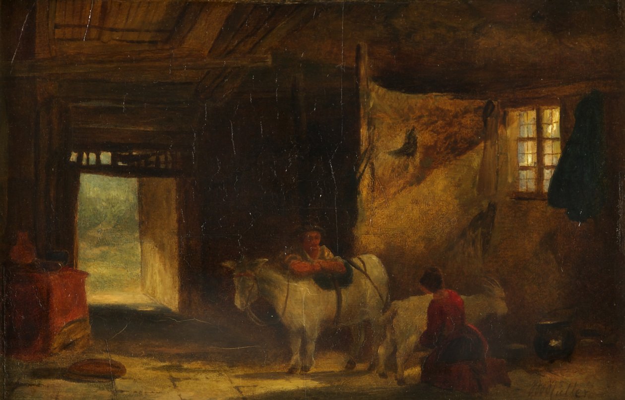 En walesisk interiör med flicka som mjölkar en get (olja på panel) av William James Muller