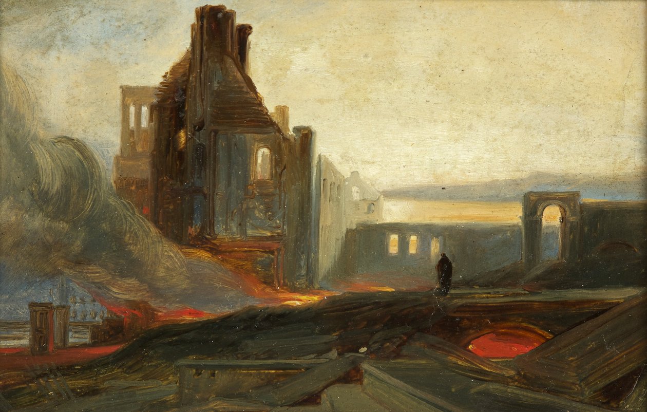 Bristol Riots: Ruins of Warehouses in Prince Street, ca 1831 (olja på papper) av William James Muller