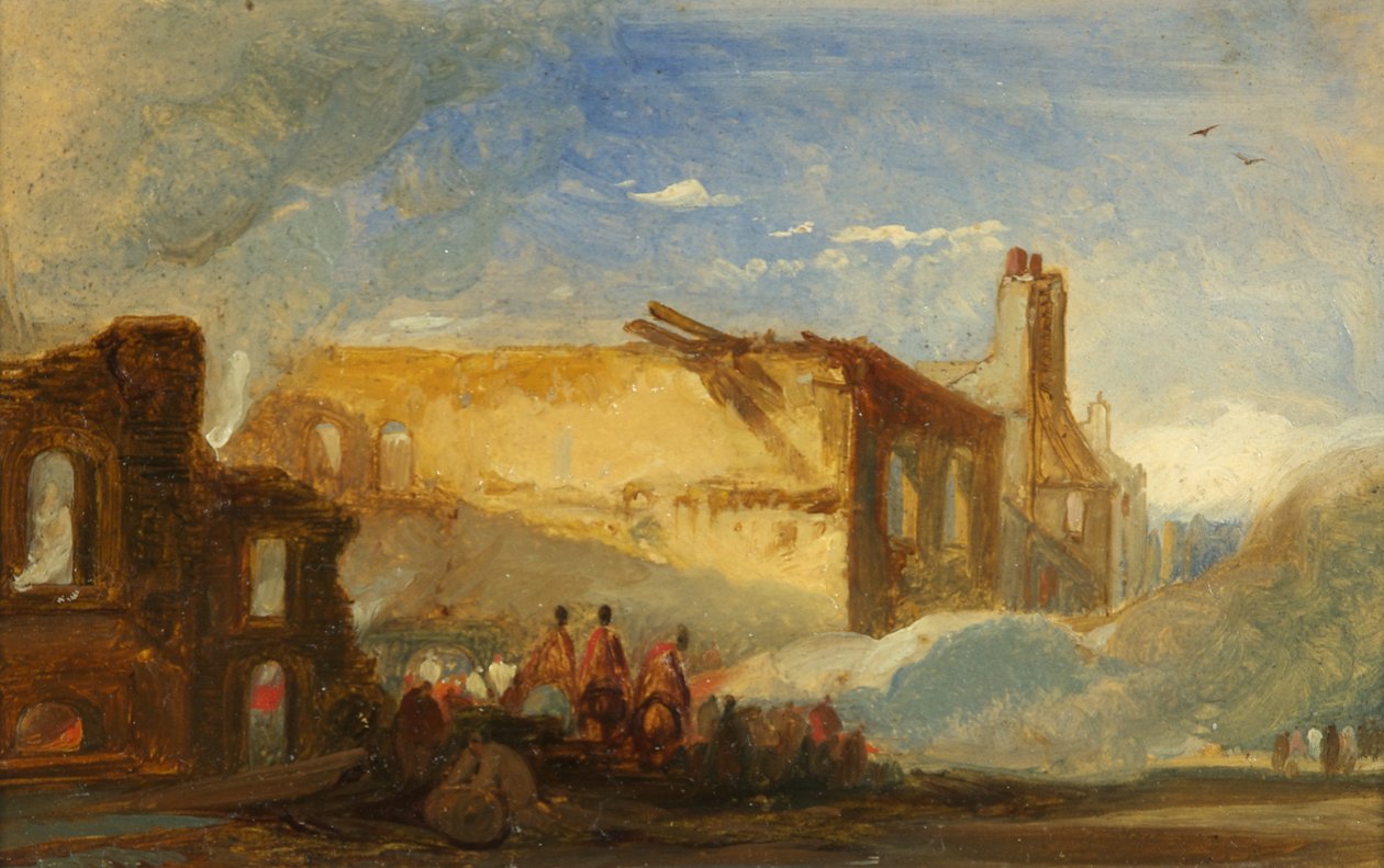 Bristol Riots: Ruins of Warehouses in Prince Street, with Mounted Troops, c.1831 (olja på papper) av William James Muller