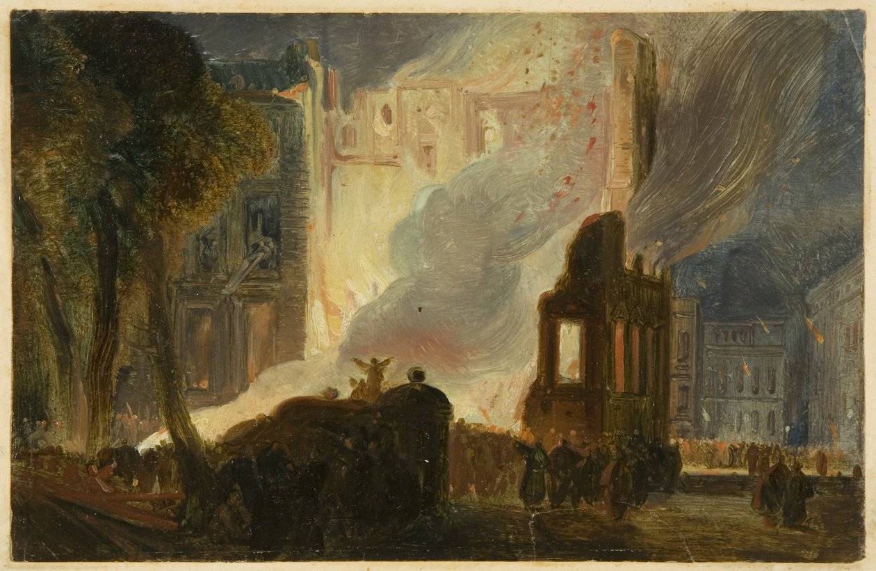 Bristol Riots: The Burning of the Mansion House, Queen Square, ca 1831 (olja på papper) av William James Muller