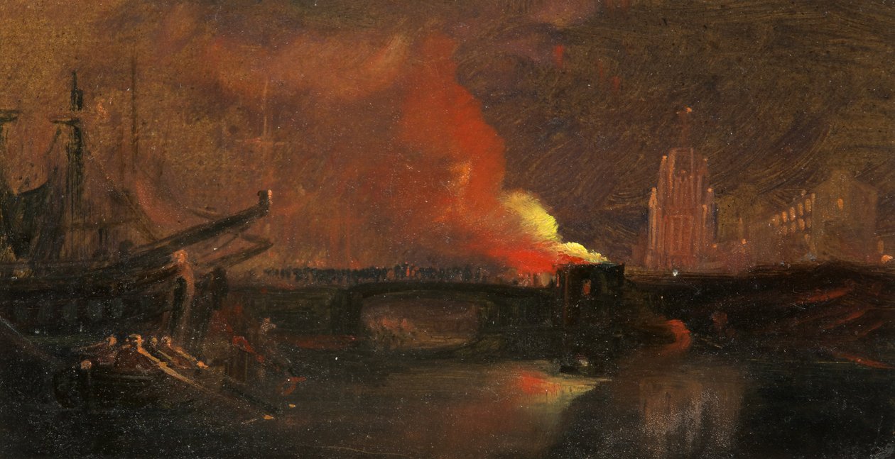Bristol Riots: The Burning of the Toll-Houses on Prince Street Bridge with St Mary Redcliffe, c.1831 (olja på papper) av William James Muller