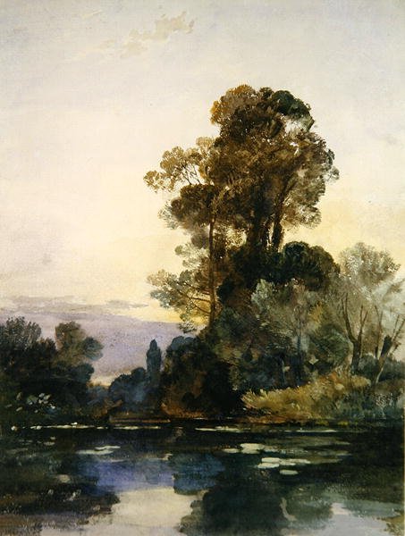 Höga träd vid en sjö (akvarell & kroppsfärg på papper) av William James Muller