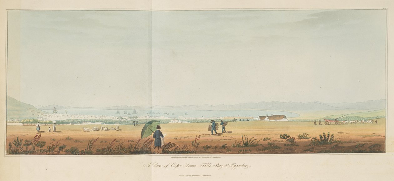 En vy över Kapstaden, Table Bay och Tygerberg, från Travels in the Interior of Southern Africa, vol. 1 av William John (after) Burchell