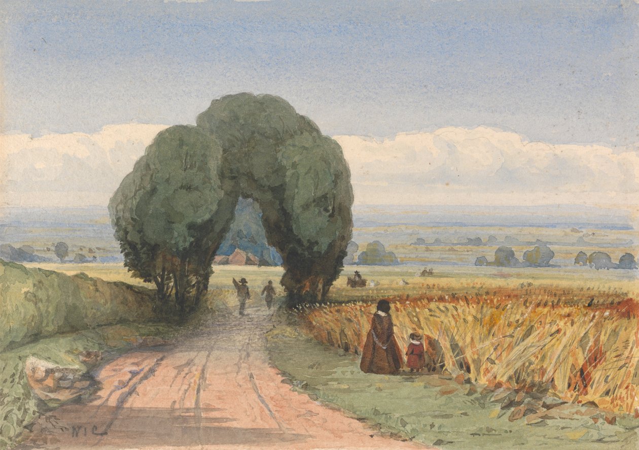 Gloucestershire - en kvinna och ett barn på en väg som gränsar till åkrar med mogen majs vid Moreton-in-Marsh av William John Chamberlayne