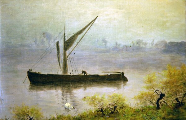 En vårmorgon på Themsen (olja på panel) av William John Hennessy