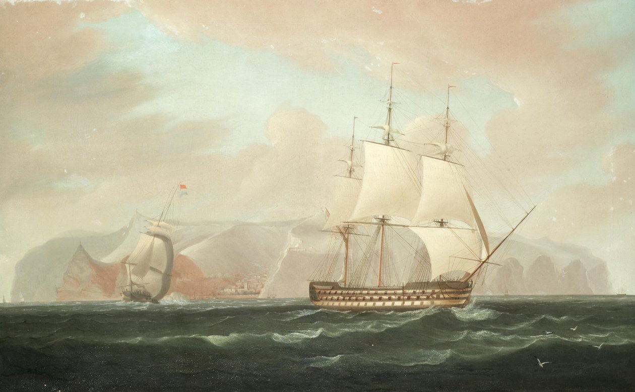 Ett tredäckat linjeskepp på väg bort från Jamestown, S:t Helena, med en eskorterande fregatt som avfyrar en avskedssalut av William John Huggins