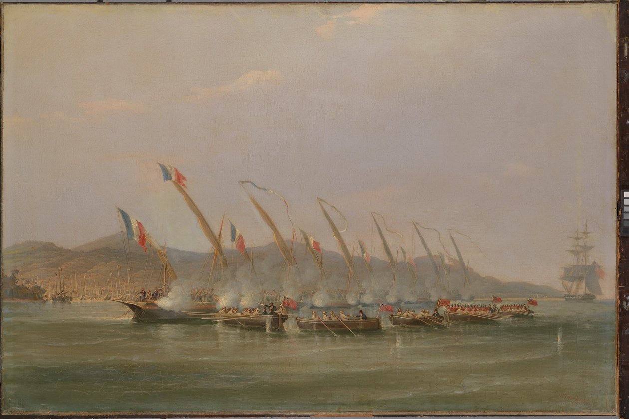 Kapten Robert Maunsell tillfångatar franska kanonbåtar utanför Java, juli 1811, ca 1811 (olja på duk) av William John Huggins