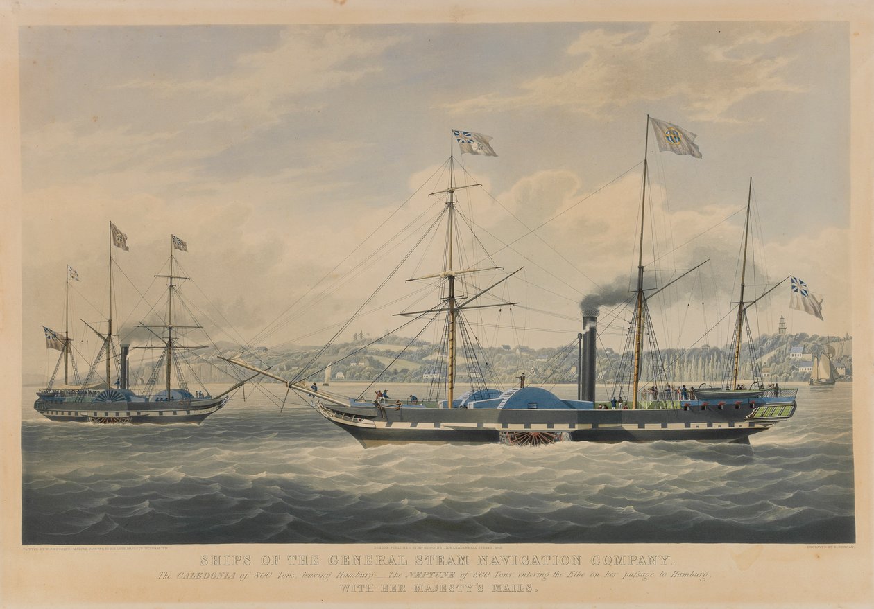 Fartyg från General Steam Navigation Company. Caledonia på 800 ton, lämnar Hamburg - Neptune på 800 ton, går in i Elbe på sin resa till Hamburg, med Hennes Majestäts post av William John Huggins