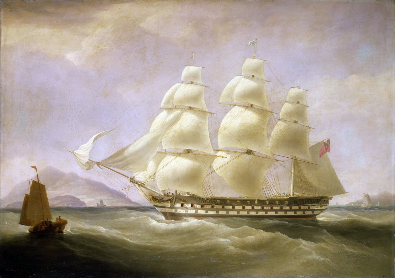 Indiamanbåten "Triton" utanför Kinas kust, med en liten lokal båt i bakgrunden. Olja på duk av William John Huggins