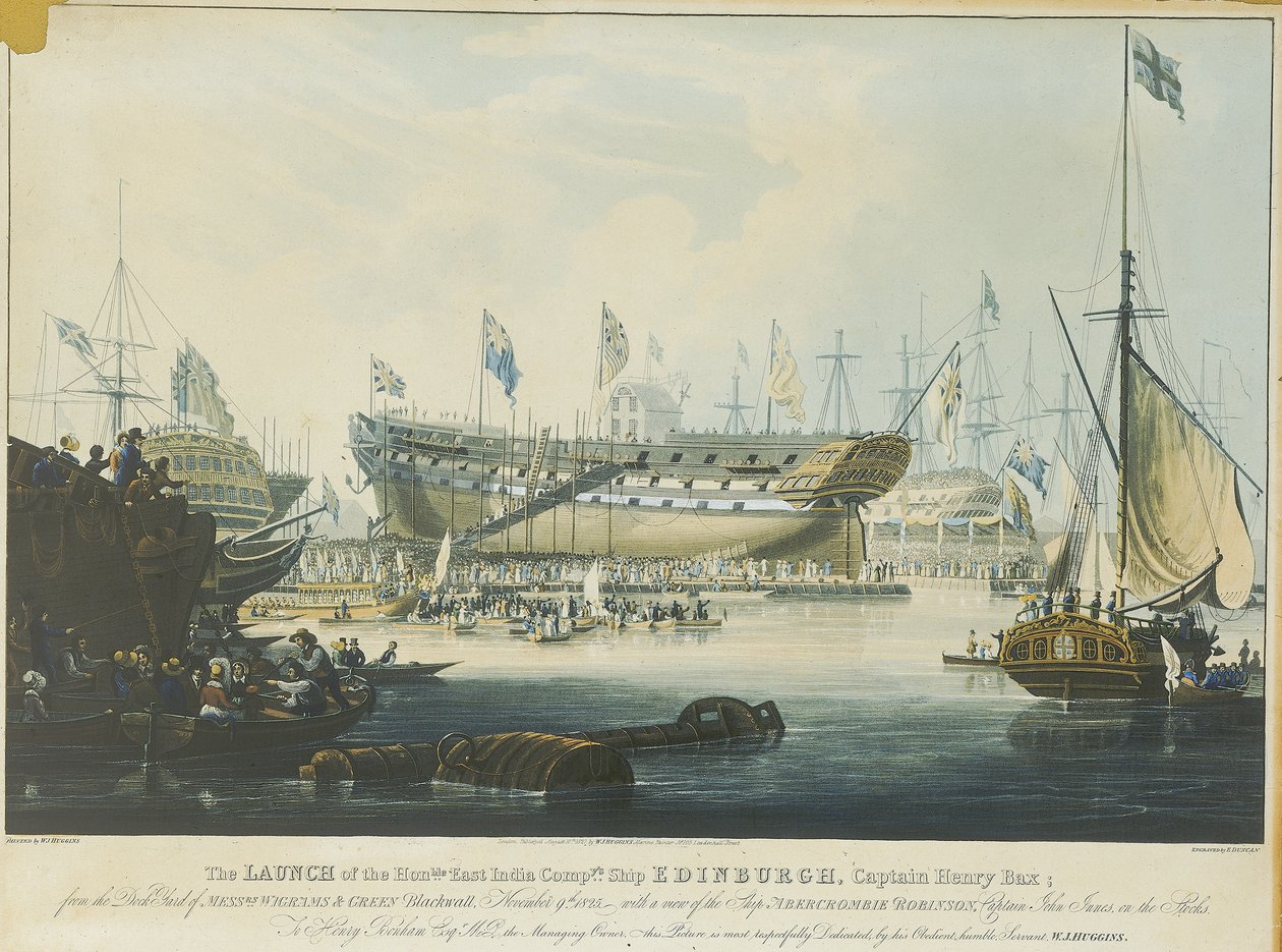 Sjösättningen av det ärade ostindiska kompaniets fartyg "Edinburgh" från Messrs Wigrams  Greens varv i Blackwall med en vy över fartyget "Abercrombie Robinson" i hamnen av William John Huggins
