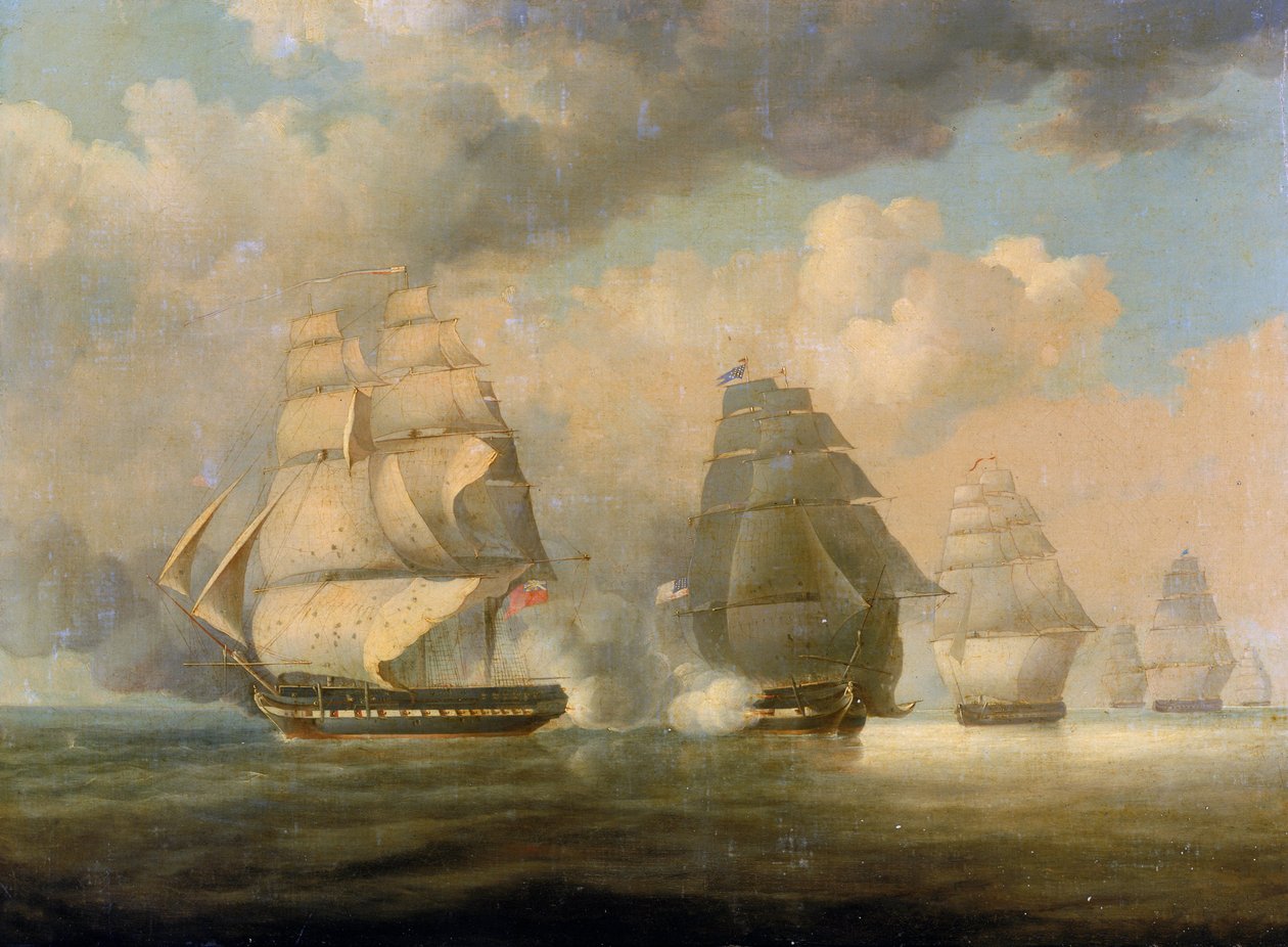 HMS "Belvideras" flykt den 23 juni 1812 utanför New London, Connecticut, nio dagar efter utbrottet av det angloamerikanska (angloamerikanska) kriget 1812 eller andra självständighetskriget (1812-1815) av William John Huggins